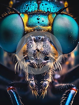 AI generated illustration of Close-up of the head of a small insect with two vibrant blue eyes