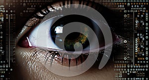 AI generated illustration of a close-up image of an eye looking at a computer monitor