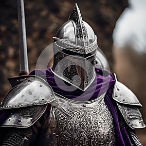 AI generated illustration of a close-up of a medieval knight in a helmet