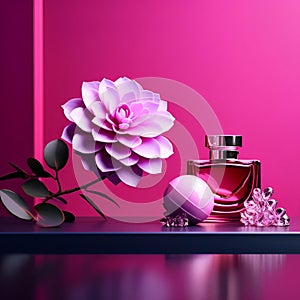 AI generated illustration of a close-up of perfume bottles and pink flowers on a table