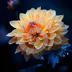 there are yellow flowers on a dark surface with water droplets