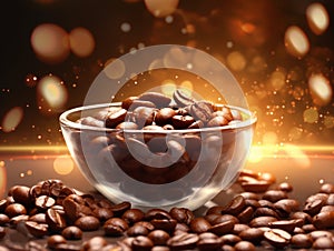 AI generated illustration of a close up shot of roasted coffee beans in a bowl on a table