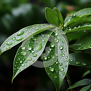 AI generated illustration of a close-up of shrubbery with rain droplets adorning its leaves