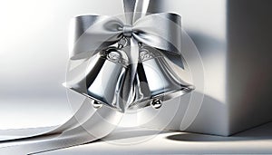 AI generated illustration of a close-up of two Christmas bells tied with silver ribbon and a bow