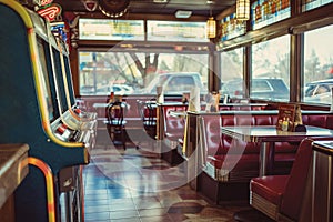 AI generated illustration of a close-up of a vintage slot machine and tables in a cafe