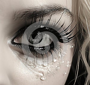 AI generated illustration of a close-up of a woman with tears and smeared mascara