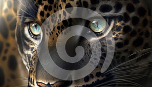 AI generated illustration of a closeup of the blue eyes of a cheetah gazing into the horizon