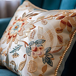 AI generated illustration of closeup of a pillow on the couch with intricate details