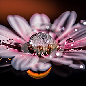 AI generated illustration of a closeup of a pink flower covered with waterdrops