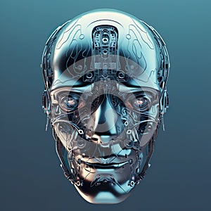AI generated illustration of a closeup portrait of a robotic face on a gray background photo