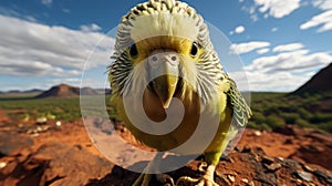 AI generated illustration of a closeup of a vibrant yellow and green parrot in an arid landscape