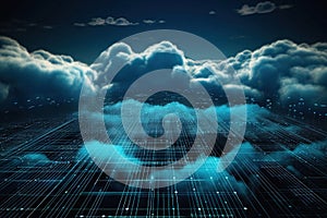 AI generated illustration of a cloud floating over a CPU board for cloud technology