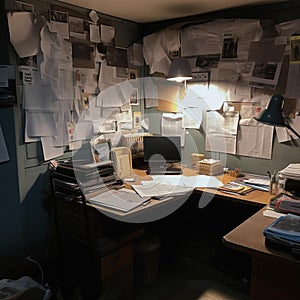 AI generated illustration of a cluttered office space featuring a desk filled with paperwork