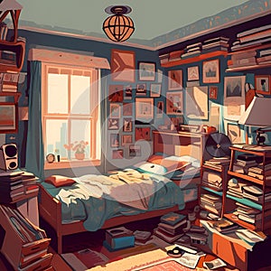 AI generated illustration of a cluttered teenage bedroom, filled with posters, knick-knacks photo