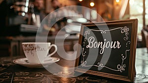 AI-generated illustration of a coffee cup and a board with the word bonjour