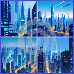 AI generated illustration of a collage of  stunning urban skylines with illuminated buildings