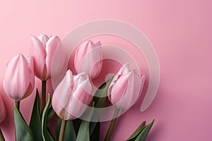 AI generated illustration of a collection of pink tulips in bloom with a vibrant pink background