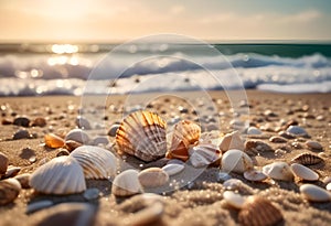 shells and starfishs line the shore of a beach