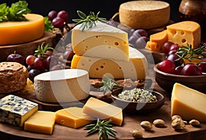 AI generated illustration of a collection of various cheese on a wooden table