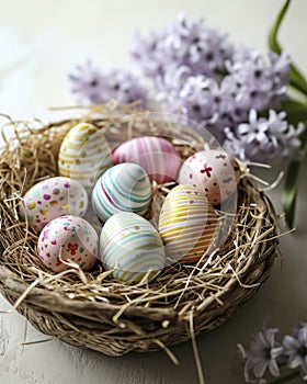 AI generated illustration of colored Easter eggs in a basket on a white table