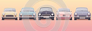AI generated illustration of colorful automobiles parked in a line facing forward