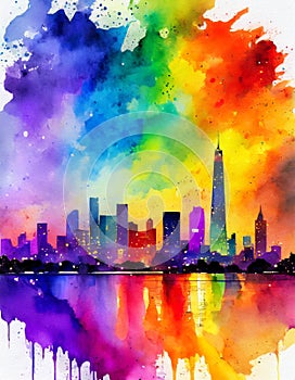 Rainbow splatter city silhouette photo