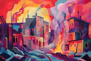 AI generated illustration of a colorful cityscape, with several burning buildings and houses