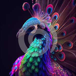 AI generated illustration of a colorful fluorescent peacock with a fully fanned tail