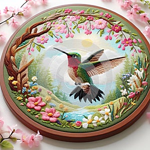 AI-generated illustration of colorful hummingbird needlepoint