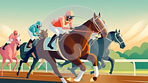 AI generated illustration of colorful jockeys and horses racing around a vibrant track