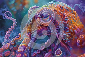 AI generated illustration of a Colorful ocean floor with an octopus