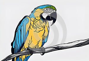 AI generated illustration of a colorful parrot sketch perched on a tree branch