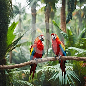 AI generated illustration of colorful parrots perched on a tree branch in a lush forest