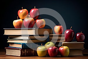 AI generated illustration of A colorful red apple perched atop an array of vintage-style books.