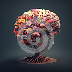 AI generated illustration of a colorful tree with flowers in a shape of a human brain