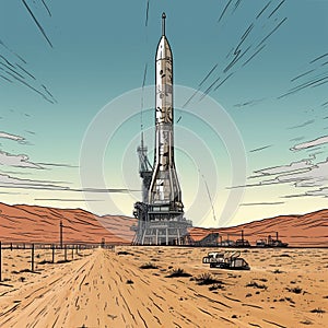 AI generated illustration of a colossal spacecraft parked on a sandy desert plain