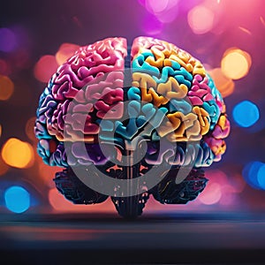 AI generated illustration of a computer brain model on colorful background with vibrant lights