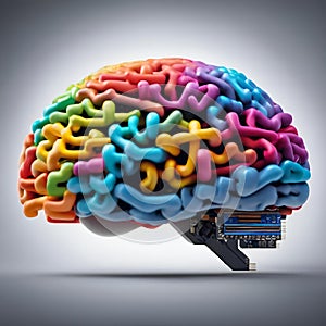 AI generated illustration of a computer brain model on colorful background with vibrant lights