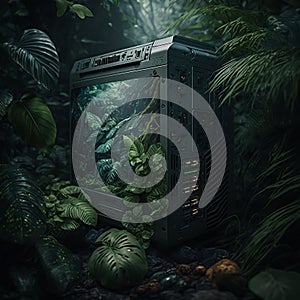 AI generated illustration of computer case surrounded plants