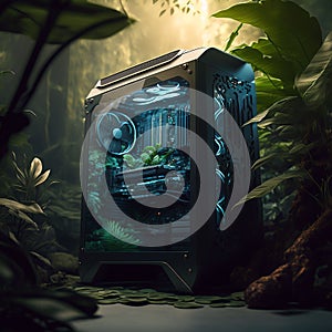 AI generated illustration of computer case surrounded plants