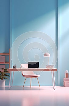 AI generated illustration of a computer desk with a laptop in a contemporary office with blue walls