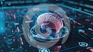 AI generated illustration of a conceptual image of a human brain glowing on a digital interface