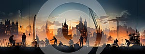 AI-generated illustration of construction workers at sunset silhouetted against the backdrop of city