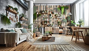 AI generated illustration of a contemporary living room with stylish green plant wallpaper