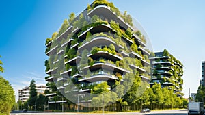 AI generated illustration of a contemporary urban architecture with lush greenery