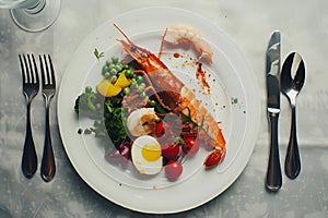 AI-generated illustration of cooked lobster served with boiled eggs and vegetables