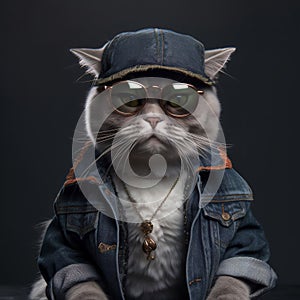 AI generated illustration of a cool cat with a denim jacket and hat and sunglasses