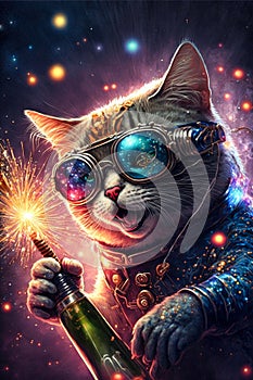 AI generated illustration of a cool cat with glasses and costume  holding a firework