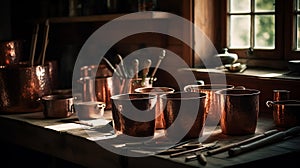 AI generated illustration of copper cups on a wooden tabletop by a bright window