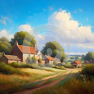 AI generated illustration of a cottages surrounded by lush green fields, all against a blue sky